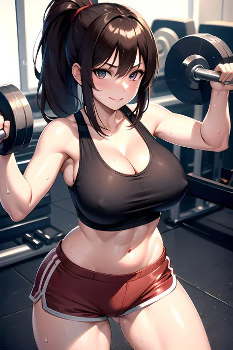 8k,Best Quality,masterpiece,Extremely detailed,realistic,1girl,japanese woman,(big breasts:1.2),cleavage,[[cameltoe]],toned and glamorous body,(Tank tops:1.3),(Hot Pants:1.3),ponytail,Brown hair,smirk,(Sweat on breasts),(fitness:1.3),looking at viewer,cowb...