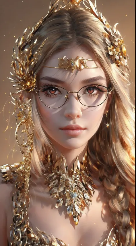 （Blonde 1。3 Lots of hair1。3 Delicate hair 1。2）,（Big red eyes+gold-wire glasses:1.2+Intellectual beauty:1.1),"Crystal face lines sparkle on the forehead"，femele，delicate depiction of skin，The gold-tone metal dragon headdress has a clear pattern。