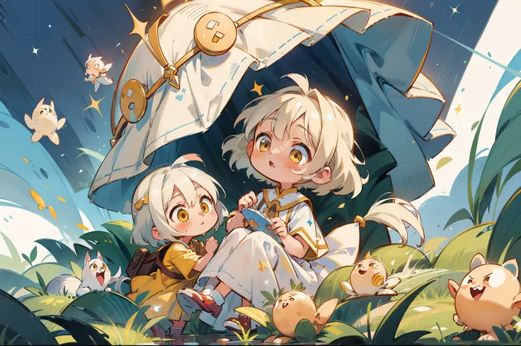 highly details, hyper-detailing,8k， Super high resolution Two cute and innocent children，children，Children，（6 years old boy：with short white hair，Yellow eyes，White priesthood dress），（6year old girl：long  white hair，dual horsetail，Yellow eyes，White priestho...