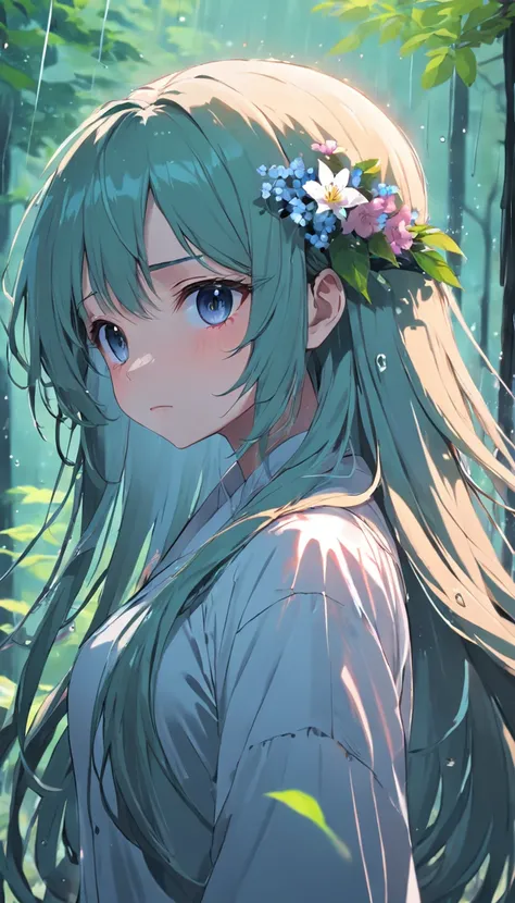 anime girl with long hair and flower in her hair, Beautiful anime artwork, style of anime4 K, Anime art wallpaper 4k,Rainy days，janelas，the woods，Rain drops