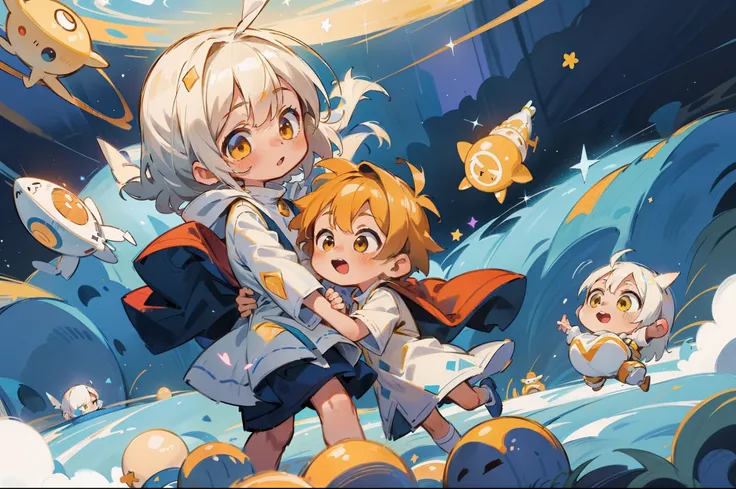 highly details, Hyper-detailing,8K， Super high resolution Two cute and naïve kids playing in space，Children，Children，（6 years old boy：with short white hair，Yellow eyes，White priest dress），（6year old girl：long  white hair，dual horsetail，Yellow eyes，White pr...