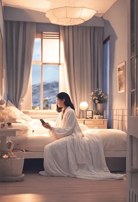 In a serene bedroom adorned with soft colors and warm lighting, a Korean woman sits gracefully on her neatly-made bed. Dressed in white pajamas, she holds a cell phone, its glow casting a gentle light on her face. Outside, moonlight filters through curtain...