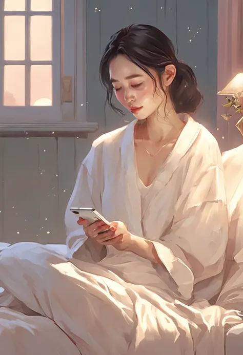 In a serene bedroom adorned with soft colors and warm lighting, a Korean woman sits gracefully on her neatly-made bed. Dressed in white pajamas, she holds a cell phone, its glow casting a gentle light on her face. Outside, moonlight filters through curtain...