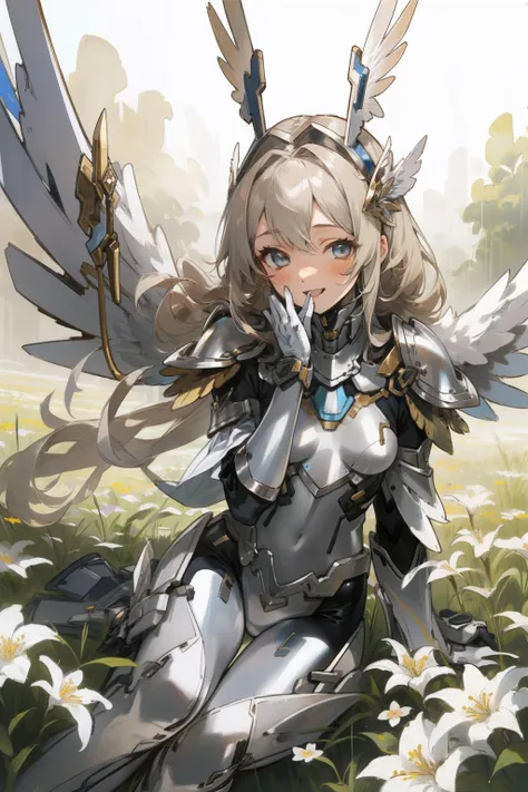 (​master piece, Best Quality),  Intricate details, valkyrie, kawaii, Happy smile, (((Laugh))), Looking at Viewer, Hand up, Feather Headgear, Flower meadow, Sitting, flat breast, 22year old, White Balance, 
1 girl in, Solo, Portrait, Long Plutinum Blonde Ha...