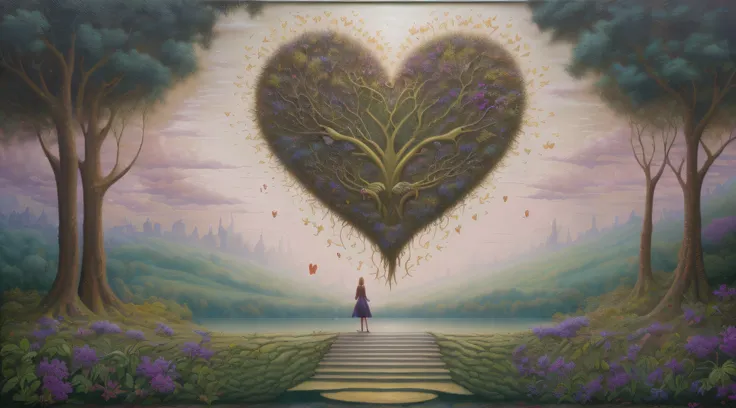 painting of a woman standing on a stairway leading to a heart shaped tree, inspired by Christophe Vacher, jacek yerka and vladimir kush, by Vladimir Kush, by Christophe Vacher, inspired by Vladimir Kush, jim warren, dreamy art, bruce timm and vladimir kush...