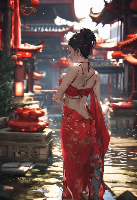 oriental girl，Lewdness，Red cheongsam swimsuit，Long flowing hair，clothes wet