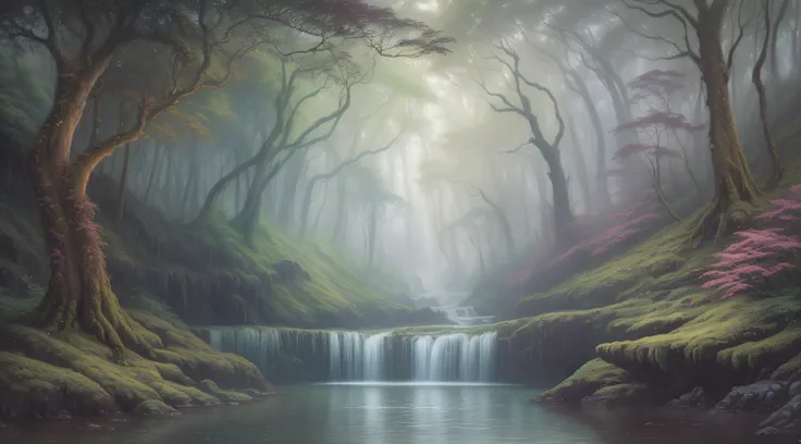 painting of a waterfall in a forest with trees and a waterfall, mystical oil on linen, mystical forest lagoon, inspired by Christophe Vacher, surreal oil painting, ethereal landscape, by Christophe Vacher, painting of a dreamscape, fantasy artrealistic pai...