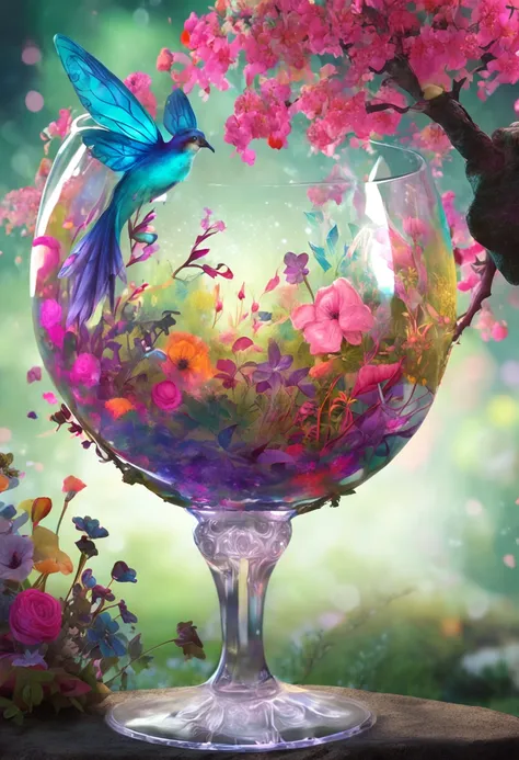 Fantasy forest in a wine glass, neonlight, Realistic, Glow，Manhwa Style, Paint with vivid watercolors , florals ，Colorful flowers ,extremely detaile, highly  detailed, tmasterpiece, Fairy tale background, in wonderland, Dynamic colors, Fairytale glow,