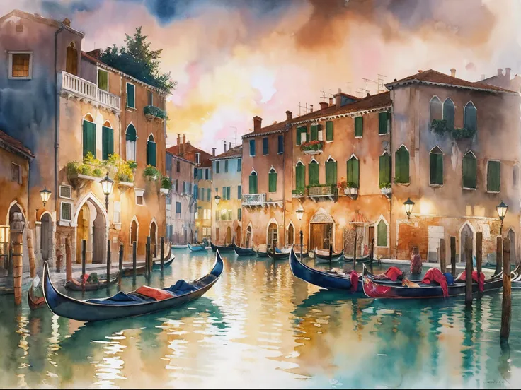 Create a beautiful watercolor painting of the enchanting twilight scene in Maizurus Venice.