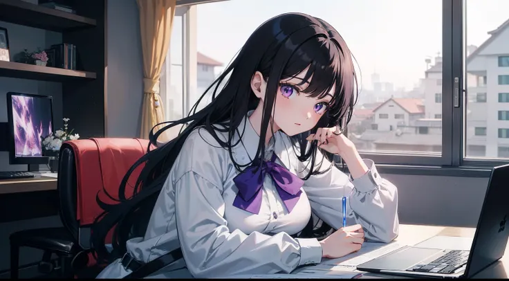 anime style house of spring vasu named house kiasoul, located in 2nd floor, with huge glass window, and in left a computer setup, anime style photo of spring vasu, anime girl with long black hair and purple eyes, drinking coffee