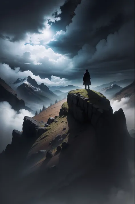 In the middle of a rolling mountain，A man dressed entirely in black looked up at the sky during a rainstorm，Dark clouds obscured the sun，Only a hint of sunlight leaked out