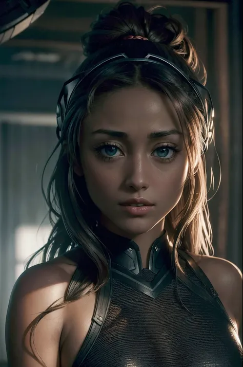 (Сериал THE 100: 0.9, young LINDSEY mORGAN: 0.9), natural hair, realistic portrait, 4k, super detaill, high detail, Art Station, Smooth, hard focus, Cinematic lighting, facing the camera, dark studio, rim lighting, dual tone lighting, dim lighting, Discree...