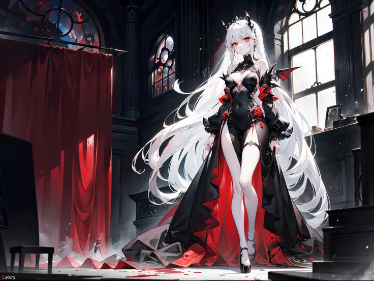 Beautiful girl with white hair，with hair dishevelled，long whitr hair，The ends of the hair gradually turn black，Extremely tall，Thin，Wearing a long black dress，black lence stockings，Extremely high black heels，The expression is grim，抖S，Sick，Silver pupils，Be c...