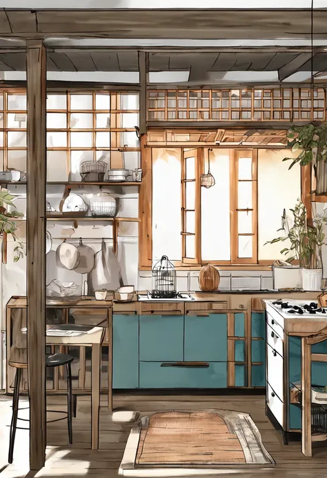 Do not use metal fittings or nails、Cupboards assembled only with wooden frames、Scandinavian design kitchen、Dining room、Beautiful interior、The design is inspired by the structure of the stage of the Sansenin Temple in Japan