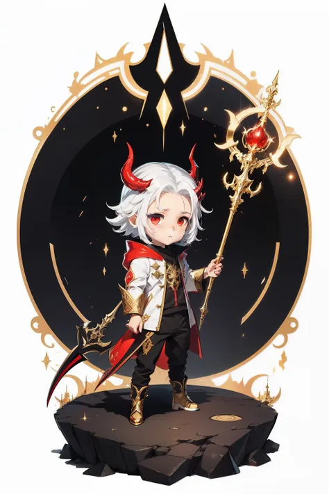 Mans,Chibi, full body Esbian, White background, Alien Devil, Light synthesizes the skin, staff-based weapons, Devilish appendages, Black,Red,gold,Clothes with detailed design,Boy, Pants Style