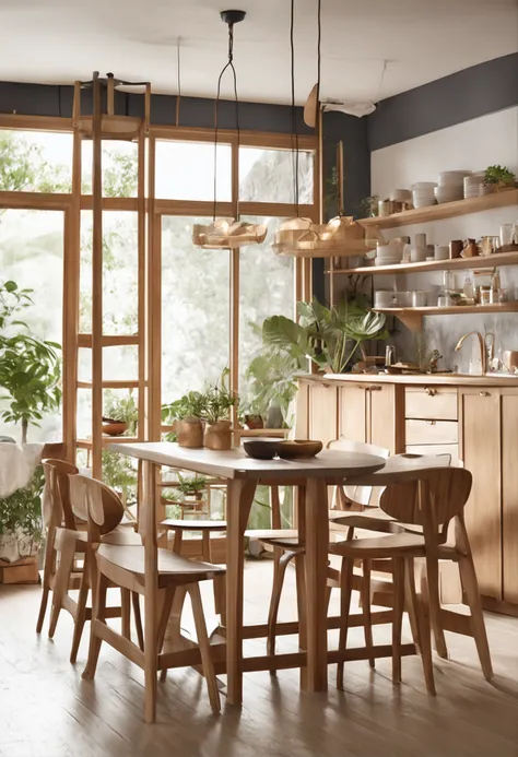 Do not use metal fittings or nails、Cupboards assembled only with wooden frames、Scandinavian design kitchen、Dining room、Beautiful interior、The design is inspired by the structure of the stage of the Sansenin Temple in Japan