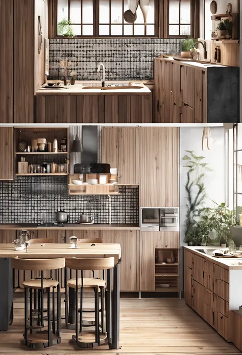 Do not use metal fittings or nails、Cupboards assembled only with wooden frames、Scandinavian design kitchen、Dining room、Beautiful interior、The design is inspired by the structure of the Kiyomizu-dera stage in Japan