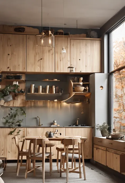 Do not use metal fittings or nails、Cupboards assembled only with wooden frames、Scandinavian design kitchen、Dining room、Beautiful interior、The design is inspired by the structure of the Kiyomizu-dera stage in Japan