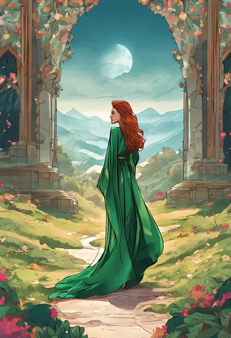 auburn hair，Slender palatial woman, Decorated with flowing emerald silk robes, Stand on top of a meadow hill，The view is majestic.