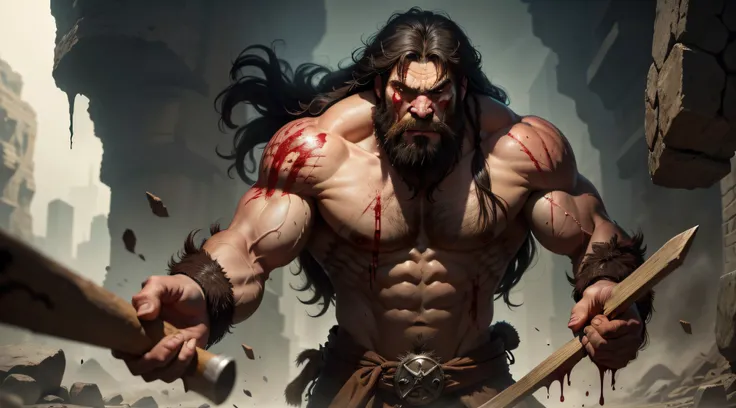 A strong, lean, blood-stained caveman with sharp eyes