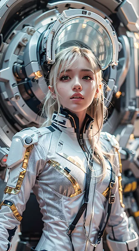 blond woman in futuristic suit standing in front of a machine, portrait armored astronaut girl, girl in mecha cyber armor, cyborg - girl with silver hair, cute cyborg girl, cyborg - girl, cyborg girl, sci - fi look, beutiful girl cyborg, portrait anime spa...