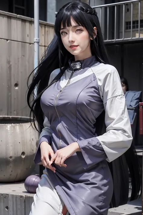 1girl, hyuga hinata in anime naruto, long hair, black hair, white eyes, smile, beautiful, sexy dress, sexy clothes, purple clothes, very big breast, realistic clothes, detail clothes, outdoor background, ultra detail, realistic