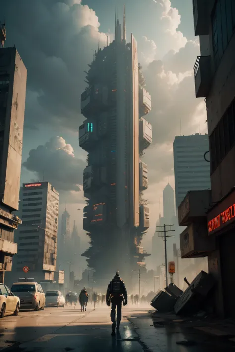 At the end of the video, You can show an image of the incomplete tower, com pessoas espalhadas por toda a terra.
There is a picture of a city street with a lot of buildings, digital concept art of dystopian, Cidade Cyberpunk Suja, cyberpunk apocalyptic cit...