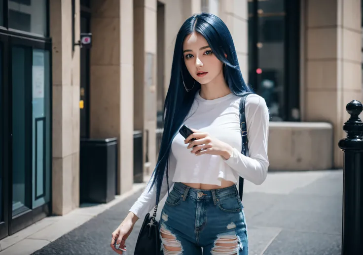 1girl, long blue hair, blue eyes, ripped jeans, wearing wet shirt, holding purse, city, high res, masterpiece, looking at viewer, 8k, nsfw