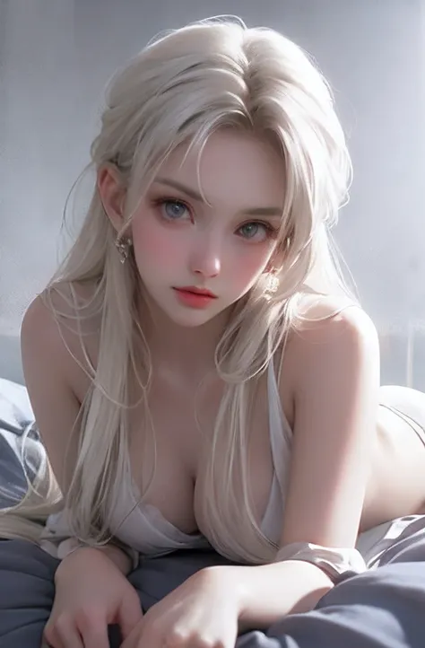 White tones，white colors，Sexy girl nipples，from the rear，Turn your face away from the camera，butt to camera，Tummy down，bent down，With a petite figure，tiny body，slimfigure，slim，teens girl，Petite，whaite hair，White hair，Hair covers the chest，White bed，big bre...