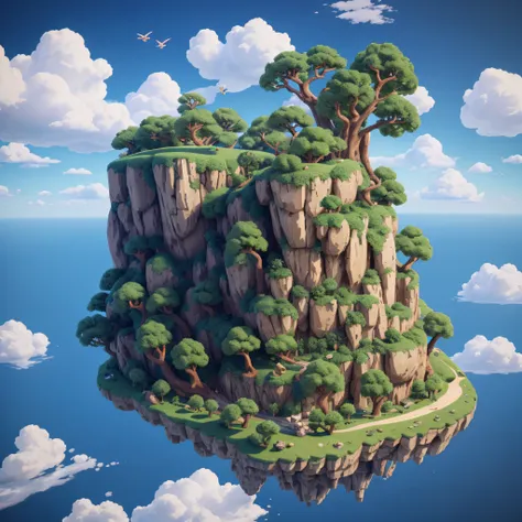 pixel game，design of game locations，pixel game location，pixel forest，rare clouds，16-bit pixel art, 3d render, octane render, axo...