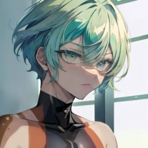 a man with blue hair and green eyes looks at the camera, Boy with teal hair, full body shot, anime style shading, beautiful _combat_bodysuit, ((Tan skin:1.3))