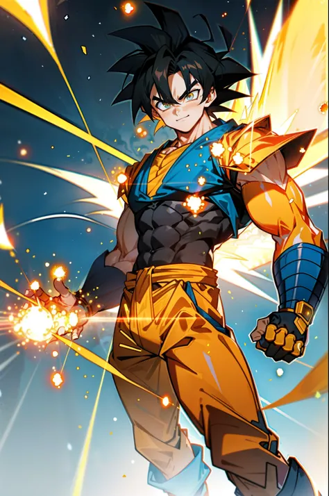 masterpiece, best quality, 1boy, goku, super saiyan goku, ssj goku,training, smiling, angry face, looking to viewer, standing, blonde hair, orange upper, mechanical arms, orange pants, body suit, science fiction, blue belt, blue bangles, dark blue boots,
,...