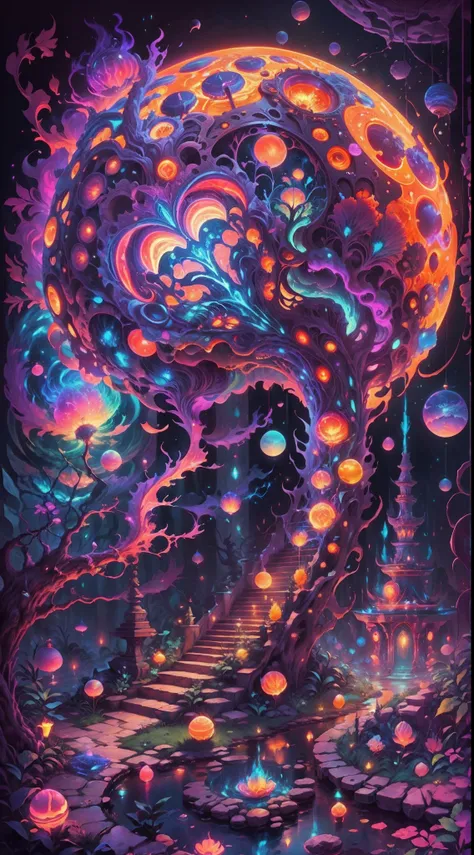 Thrilling dreams， ultra-realistic realism， abstracted， psychedelia, tmasterpiece，PsyAI, （tmasterpiece，best qualtiy：1.2），illustration，8k wallpaper，Dazzle，（Portals：1.1），（Otherworldly creatures：1.2），（magic energy：1.1），（floating debris：1.05），(glowing third eye...