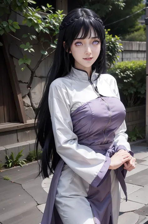 1girl, hyuga hinata in anime naruto, long hair, black hair, white eyes, smile, beautiful, sexy dress, sexy clothes, purple clothes, very big breast, realistic clothes, detail clothes, outdoor background, ultra detail, realistic