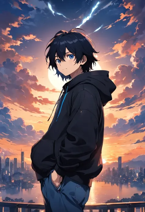 1 male、eyes gentle、a smile、a little long black hair、Black hoodie、Blue jeans、sunset in the background、云、floating in sky、high-level image quality、Movie stills