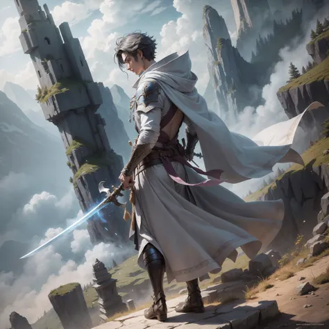 In the mountains, a cloaked male sword fairy flying in the sky with flying swords, overlooking the earth, seems to be looking for something, classical fairy, male, wingless, oriental male, gray robe, holding a sword in both hands, robe covering the entire ...