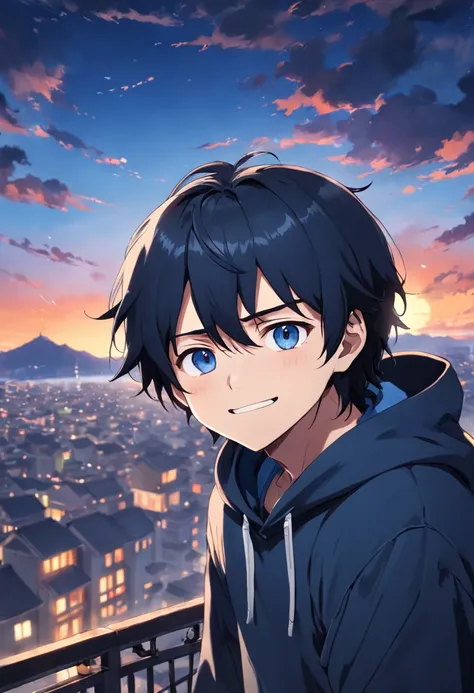 1 adult male、eyes gentle、a smile、a little long black hair、a closeup、Black hoodie、Blue jeans、sunset in the background、云、floating in sky、​masterpiece、top-quality、Movie stills、Happiness