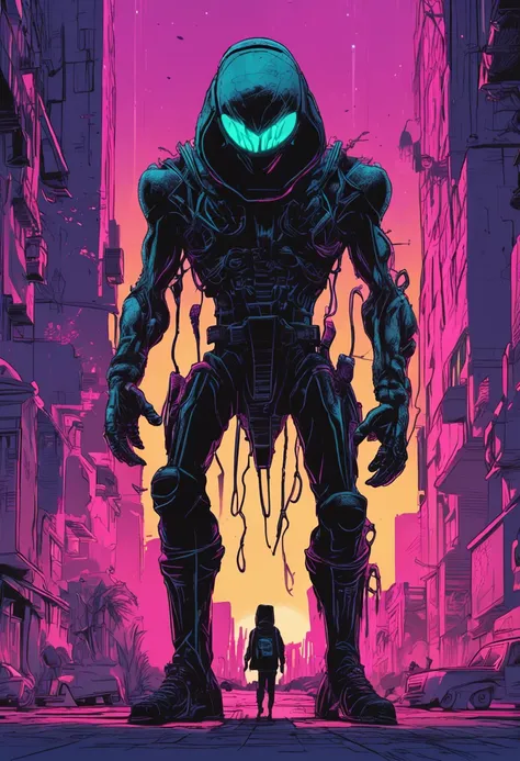 Bruce Pennington art style full body illustration of an Alien in silhouette, carrying a hammer, carrying a diamond, model pose, wearing a hoodie & hip hop clothing, glowing eyes, dynamic background, graffiti drip, vector, logo design, minimalistic design, ...