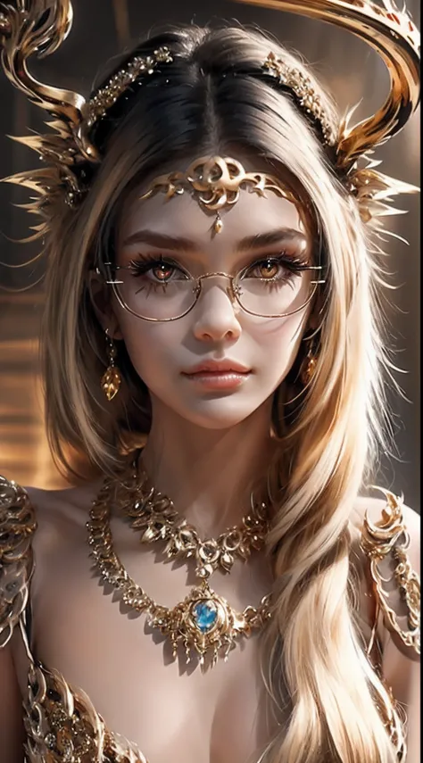 （Blonde 1。3 Lots of hair1。3 Delicate hair 1。2）,（Big red eyes+gold-wire glasses:1.2+Intellectual beauty:1.1),"Crystal face lines sparkle on the forehead"，femele，delicate depiction of skin，The gold-tone metal dragon headdress pattern is clear。