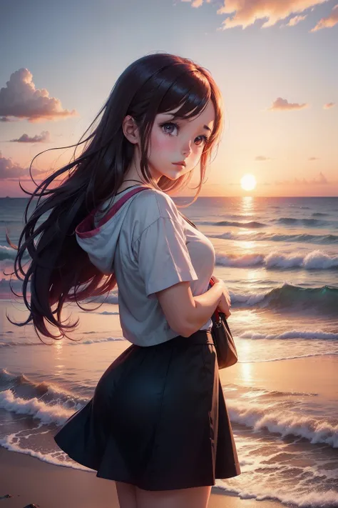 anime artwork a girl looking at the sea, sunset, dramatic, anime style, key visual, vibrant, studio anime, highly detailed