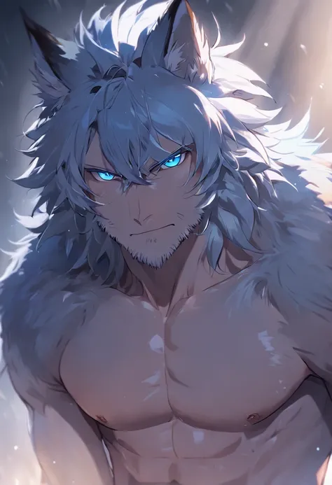 4K, high resolution, Best quality, Masterpiece, perfect colors, perfectly shaded, Perfect lighting, posted on e621, (by Chunie), Furry, anthro, Furry art, ((Portrait)), Male wolf, gray wolf, (two-toned fur), hairy bodies, Blue eyes, (Seductive look:1.2), f...