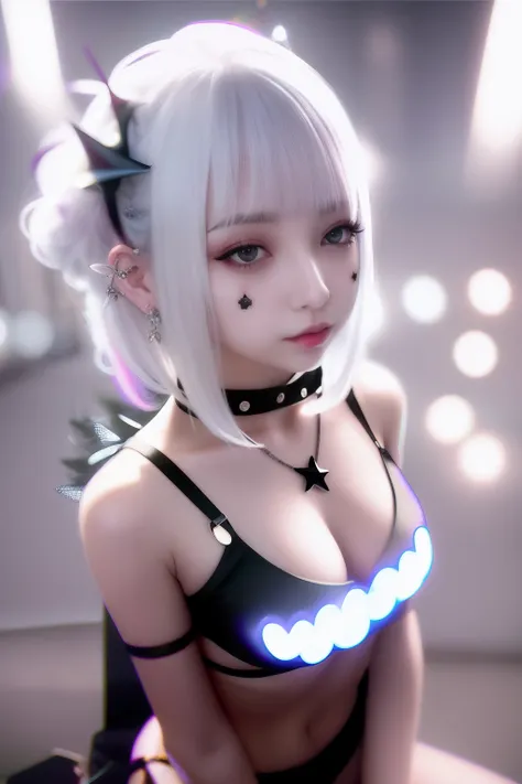 Black Bikini、A dark-haired、Beach、sand beach、The bikini、swim wears、body piercings、The tattoo、Huza、Sit up、Black and red mesh hair、goth_punk, 1girl in, 独奏, medium shot,  ((during night)), bokeh dof, Neon light, Iridescent eyes, starrysky, White shiny hair, Wh...