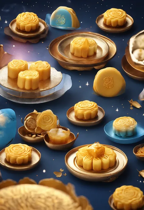 Commercial shooting, Cantonese egg yolk mooncakes, themoon, Night sky poster, Fresh style background, elegant, Booth lighting, Attractive, photorealistic colors, Ultra HD