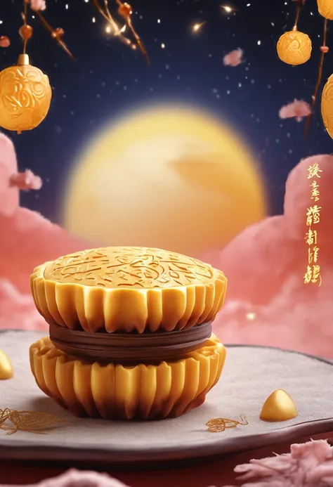 Commercial shooting, Cantonese egg yolk mooncakes, themoon, Night sky poster, Fresh style background, elegant, Booth lighting, Attractive, photorealistic colors, Ultra HD