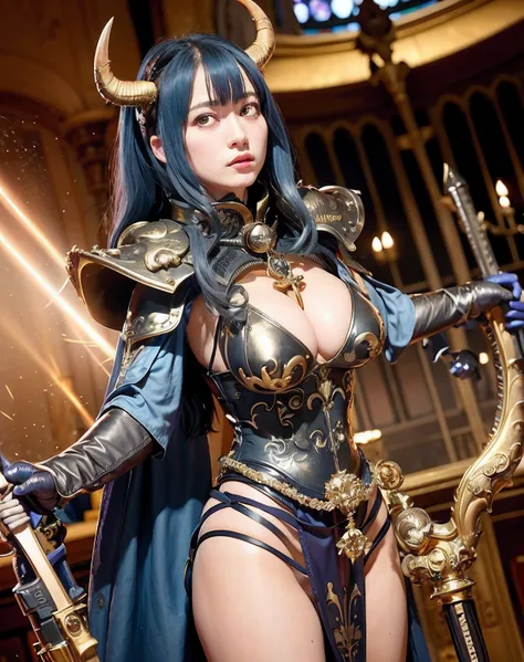 Professional , ​masterpiece、top-quality、photos realistic , depth of fields 、（Gemstone Blue Metal Body:1.２),(Matte Blue Black、（Standing in the church）、gold patterns、Wind-effect、Light Effects、Wind-effect、magic circles、（cleavage of the breast）、Dragon Gold Wea...