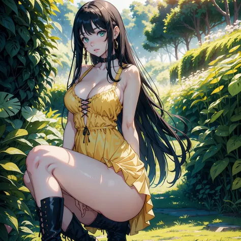 1 girl, has long black hair, big green eyes, yellow short sun dress reaching her thighs, shes wearing knee high brown boots, medium size breasts, cute face, sexy, hot, anime, manga, no more than 1 girl