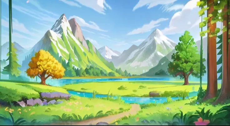 A painting of a green valley with rivers and mountains, background environment. 8 k, 2 D game art background, beatiful mountain background, mountainous terrain, Anime background art, arte de fundo, anime backgrounds, mountain range in background, anime cou...