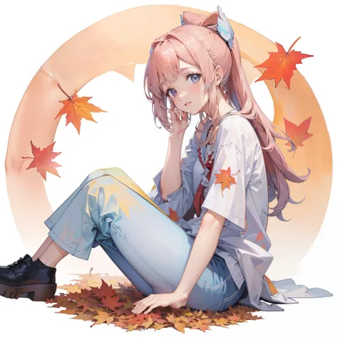 autumn leaves pattern white background, sitting in the middle, casual outfit