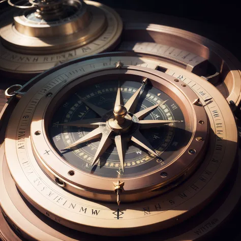 Best quality, masterpiece, (photorealistic:1.4), RAW photo, 8k portrait image of a 19th century ships navigational (((compass))), imposing and heavy, crafted with fine details of metal parts and a tough, thick, bicelated glass cover. The navigational compa...