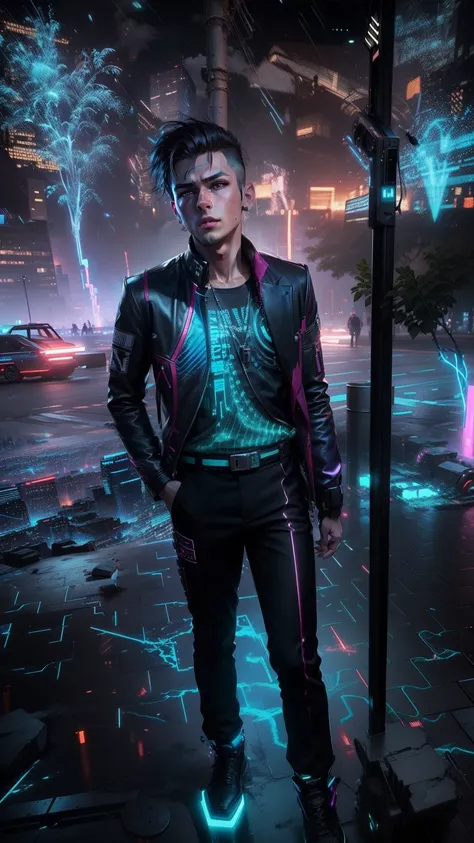 Change background cyberpunk handsome boy, realistic face, 8k, ultra realistic,neon, Real face,